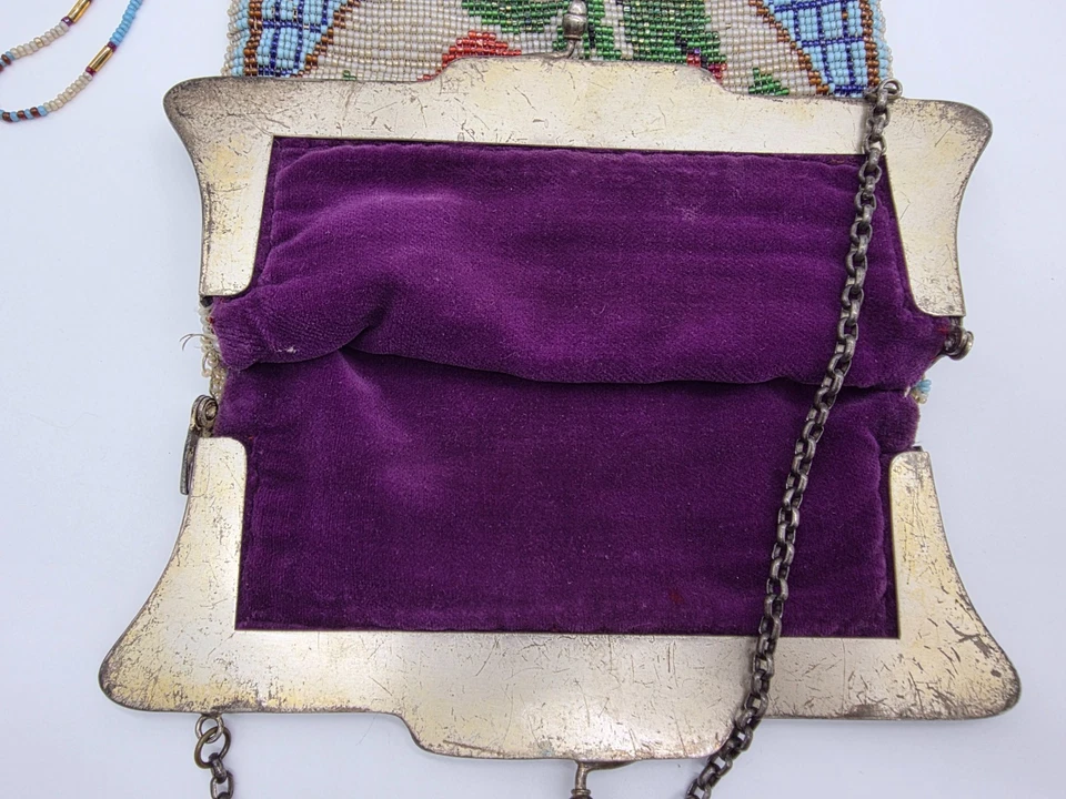 Antique Floral Roses Small Beads Red Deco Purse Fringe Acorn Lock Velvet Chain - Image 4 of 4