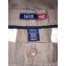 IZOD Chino Pants Mens 38x31 Khaki Classic Flat Front Casual Cotton Slacks
