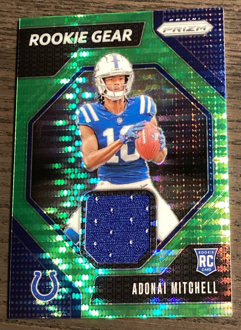 2024 Panini Prizm Rookie Gear Adonai Mitchell Neon Green Pulsar Prizm (MEM, RC)