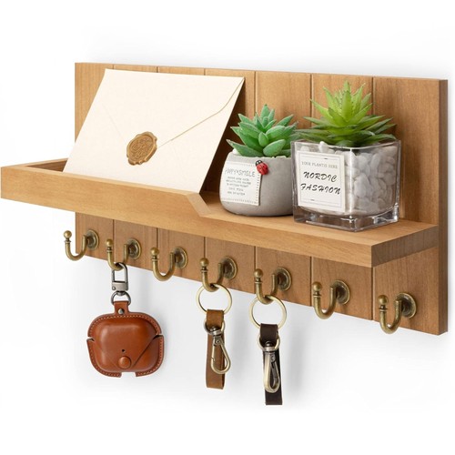 Decorative Key Holder for Wall Shelf - Farmhouse Wood Wall Hanging Mail Organ...
