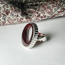 Elegant Red Yemeni Aqeeq Stone Ring Pure 925 Sterling Silver Handmade Jewelry