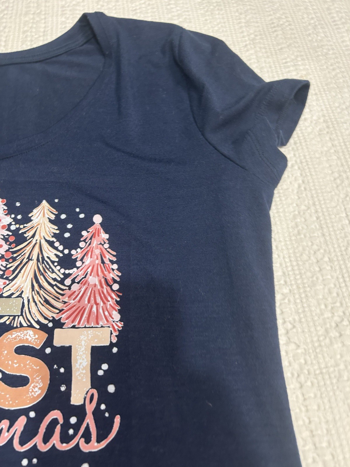 “Merry Christmas” Navy Blue Women’s Tunic Shirt Jennifer Lauren Size Large Pink