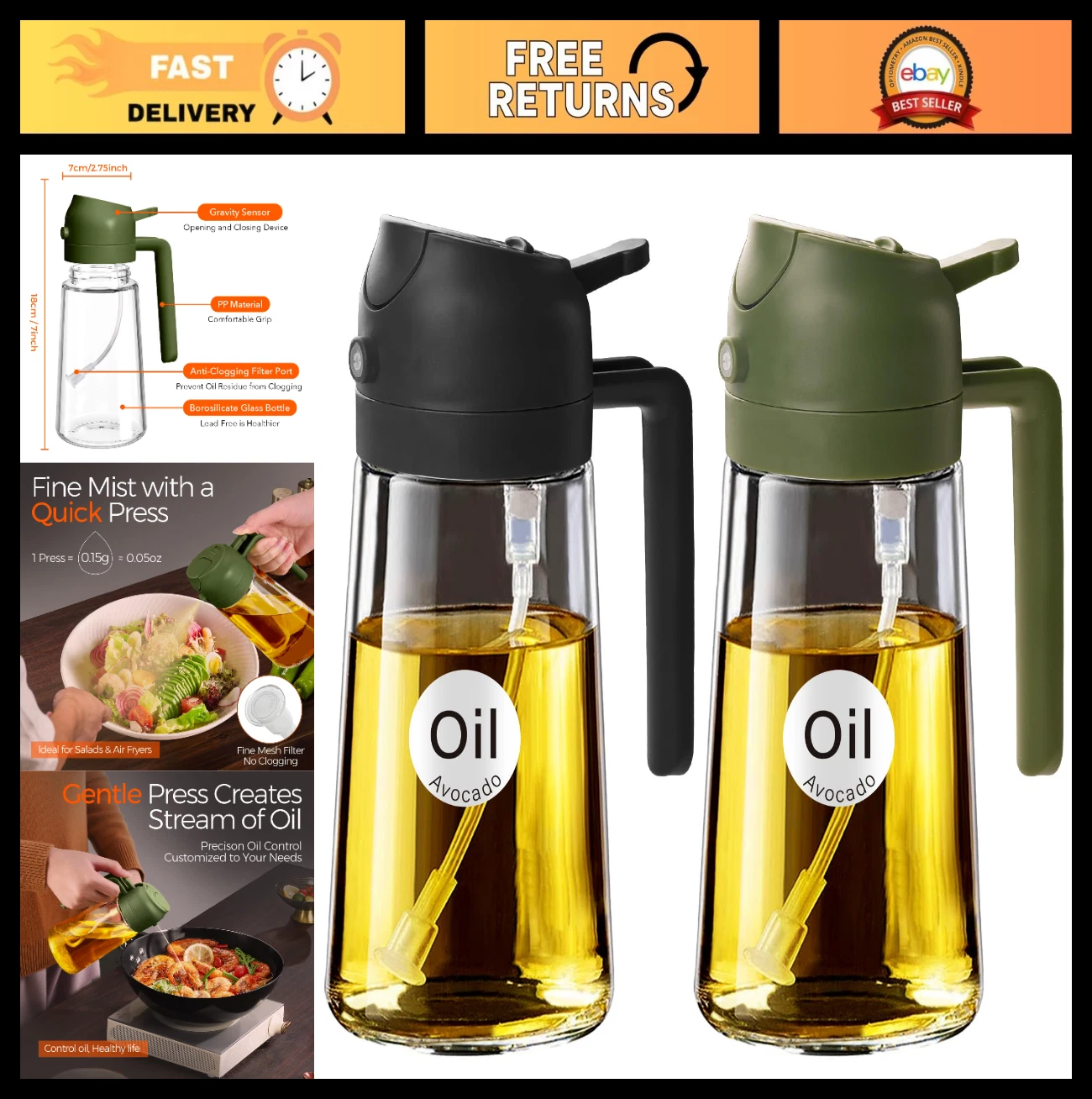 2Pcs 16oz Glass Olive Oil Sprayer, 2-in-1 Oil Dispenser for Cooking & BBQ, Food