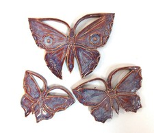 BUTTERFLY Tiles, Handmade Ceramic Mosaic Craft Tiles,  Bluish Red Set of 3