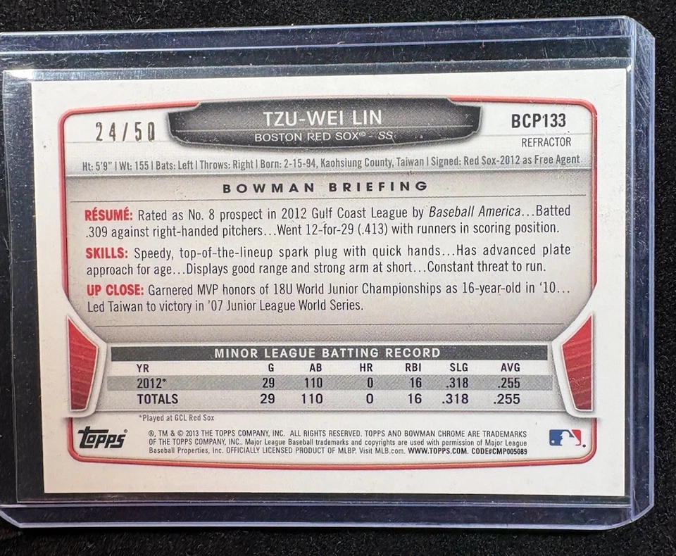 2013 Bowman Chrome - Prospects Tzu-Wei Lin #BCP133 Gold Refractor /50 Red Sox - Image 4 of 4
