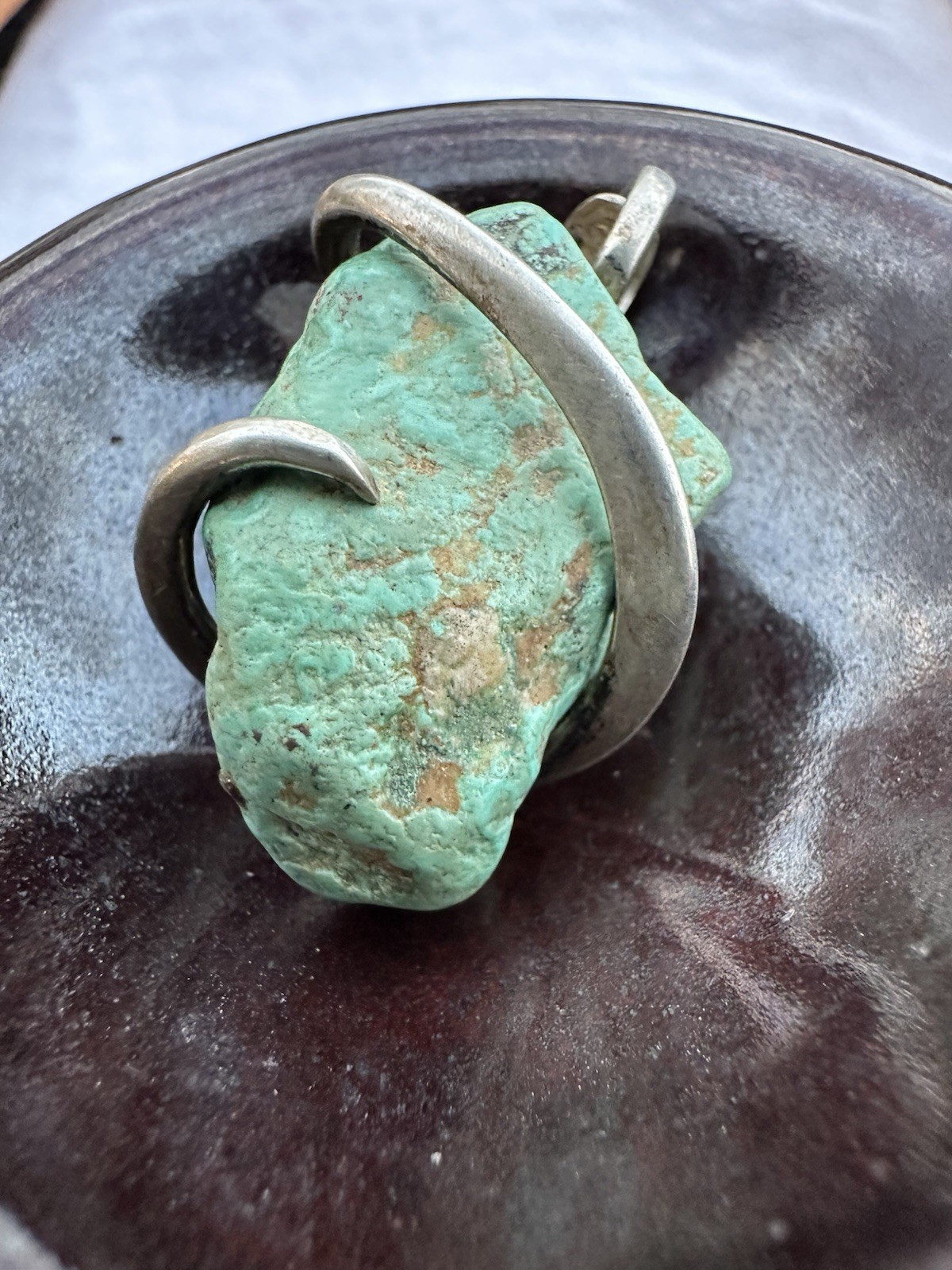 Unique Large Green Turquoise Stone & Sterling Sil… - image 1