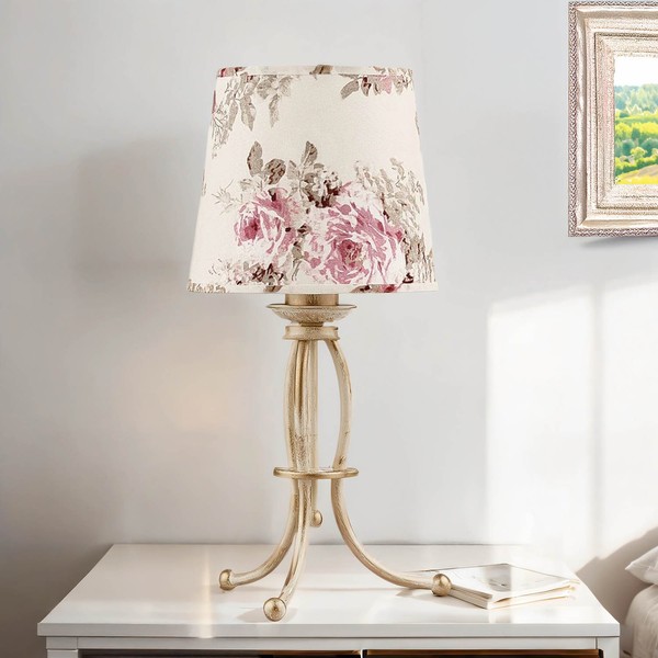 Florale Tischleuchte Crine Stoff Schirm 42Cm Shabby Gold Weiß Nachttisch Lampe-image
