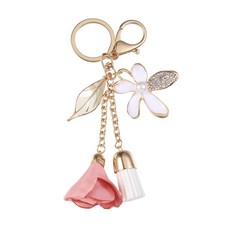  FENICAL Crystal Five-leaf Flower Car Keychain Cloth Flower Car Key Ring Tassel