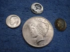 1922 PEACE SILVER  DOLLAR + 3 ROOSEVELT DIMES: 1948 D   1949 D   SEMI KEY 1949 S