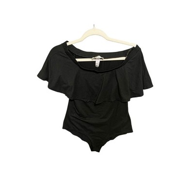Gaze USA Black Ruffle Off Shoulder Bodysuit, One Piece, Size Small
