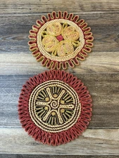 Vintage Pair Raffia Straw Trivets Hot Plate Holder Round Woven Grass BOHO 1970s