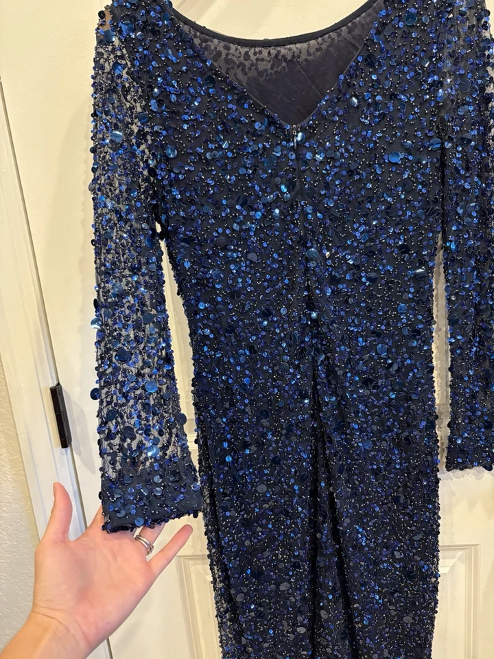 Vestido Frank Lyman Talla 8 Manga Larga Azul Marino Lentejuelas Cóctel Fiesta Noche Foto 3 de 4