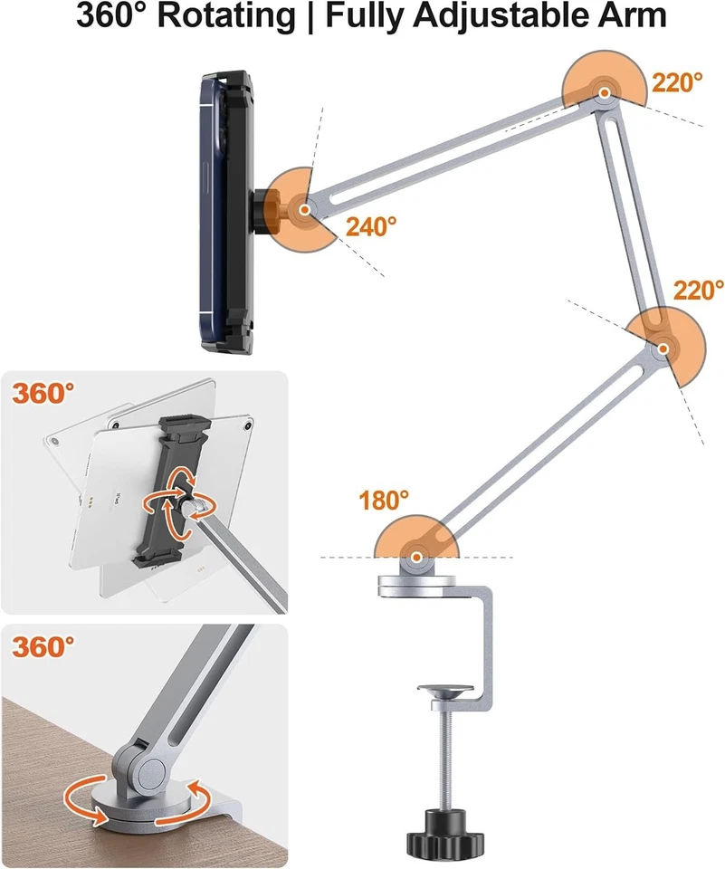 Sleek Silver Tablet Arm Mount with Strong Clamp – Easy Setup for Any Surface - Image 4 of 4
