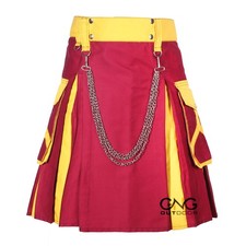 Men's Scottish Maroon and Yellow Utility kilt Highland Modern Fashion kilt