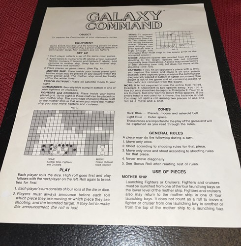 GALAXY COMMAND 1987 Board Game by Hoyle Replacement INSTRUCTIONS SHEET