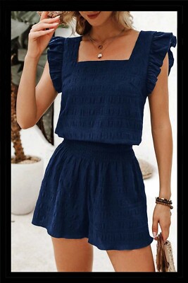 Dirty Blue Textured Ruffle Top and Shirred High Waist Shorts Set