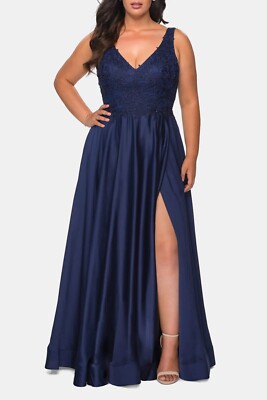 La Femme Curve Navy Blue A-line Rhinestone Lace Bodice Gown Dress Size 18 $458