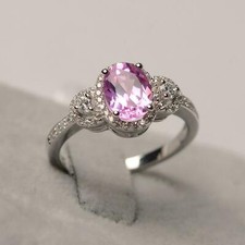 3ct Oval Pink Sapphire Ring Simulated Diamond Halo Trilogy 14k White Gold Plated