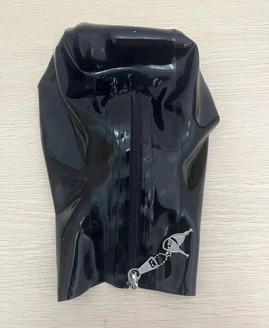 Latex Natural Full Face Hood Mask Open Eyes Mouth with Back Lockable Zipper