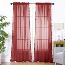Elegant Comfort Set of 2 Pom Pom Tasseled Sheer Curtain - Rod Pocket
