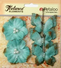 Petaloo éléments texturés " Papillons et fleurs en toile de jute x5 sarcelle 1203-205