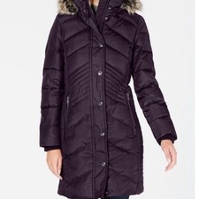 Women`s London Fog Faux Fur Hooded Down Puffer Coat In Black Size Xs Bnwt