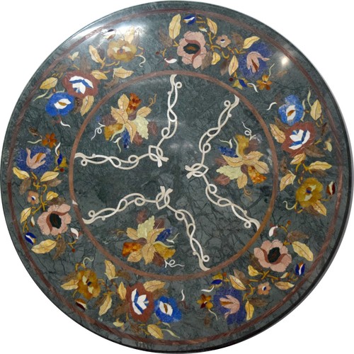 Table à Manger Ronde En Marbre Noir Incrustations Mosaïque - Fabriquée à La Main (Inde)