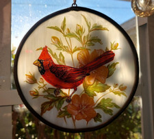 Vintage Round Stained Glass Cardinal Flowers Window Hanging Suncatcher