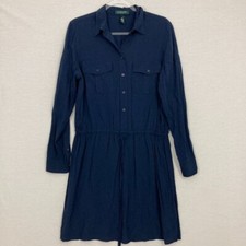 Lauren Ralph Lauren Navy Stretch Comfy Tie Front Popover Dress size 14P Preppy