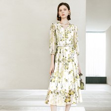 Womens Printed Floral Dress Autumn Elegant V-neck Chinffon Long OL Formal Dress 