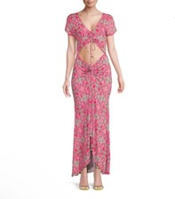 Misa Los Angeles Pink Carlotta Ruched Maxi Dress Plunge Neckline Cutouts M