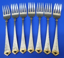 7 - Oneida TESORO BLACK Gold Accent Glossy Hammered Stainless 6 7/8" SALAD FORKS