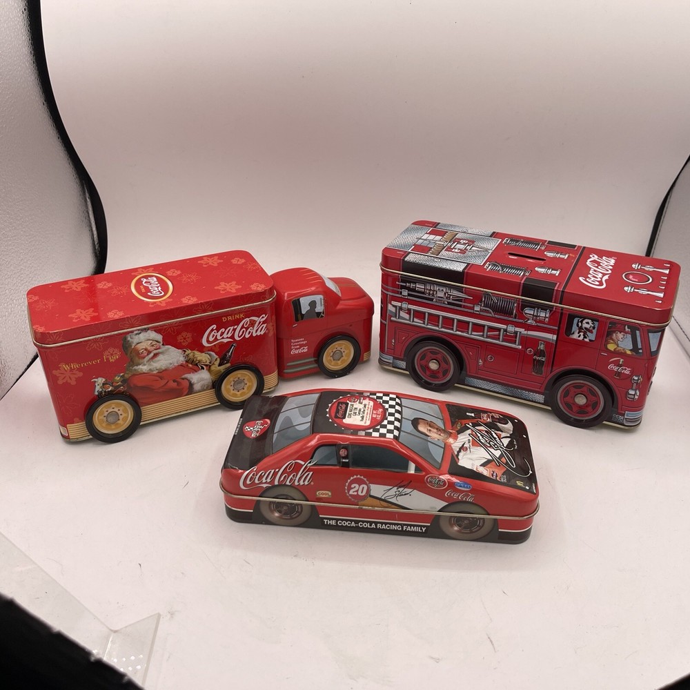 Tin Coca Cola Trucks With Wheels Bank Santa & Race Car Tin - Lot 3 Collectibles