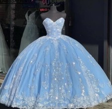 Blue Strapless Princess Quincea era Dress Sequins Applique Ball Gown Sz 12