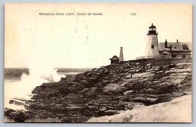 RPPC Lighthouse Pemaquid Point Light Bristol Maine Antique Black White Postcard