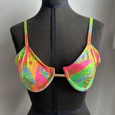 New Old Stock Vintage 90S Neon Rainbow Gold Foil Sin-Sations Bikini Top Sz L