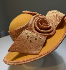VTG Ms Hi's Classic Church Hat Rosette Rhinestones Wide Brim Gold Mustard Peach