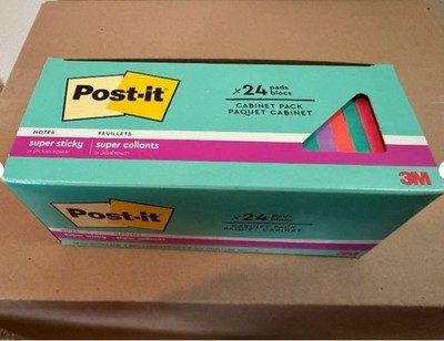 NEW 3M Post it Super Sticky Notes Cabinet Pack, 3'' x 3'', Neon Colors, 24 Pads