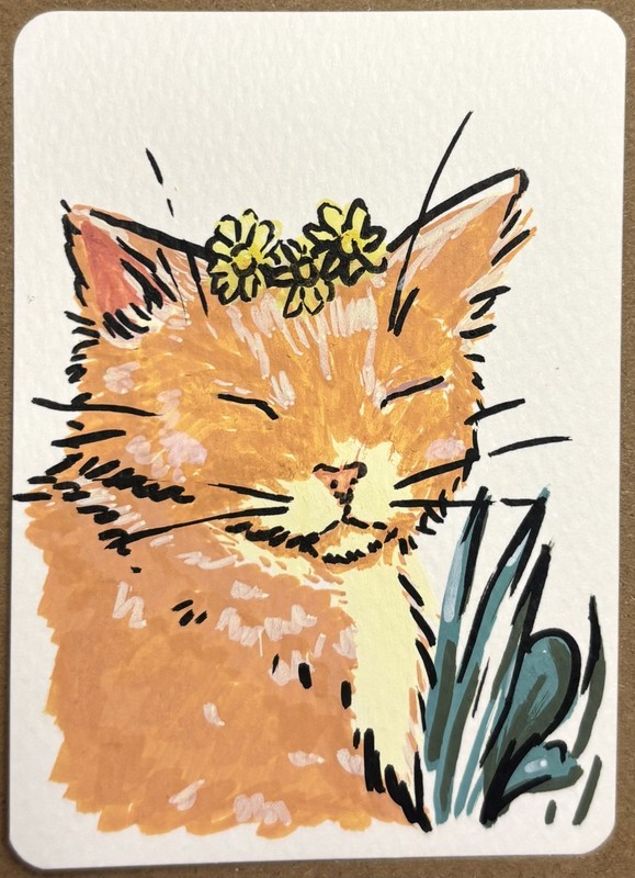"Daffodil Baby" Cat & Flower Series, ACEO Original, 2.5"x3.5", by Maplenfig