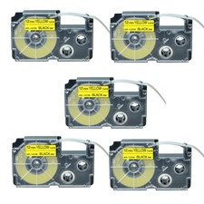 5PK 12mm Black on Yellow Label Compatible with Casio XR-12YW XR12YW Tape 1/2"
