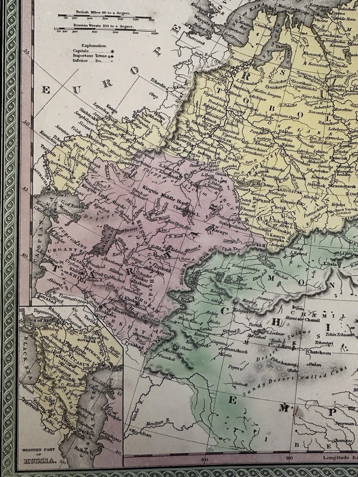Rusia en Asia Tartaria Siberia norte de China 1850 mapa coloreado a mano Cowperthwait Foto 2 de 4