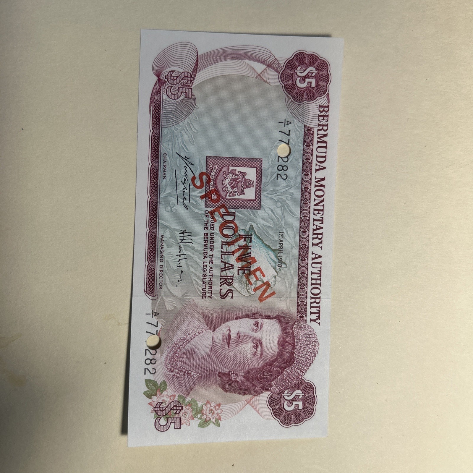 Bermuda 1978 $5 Specimen Note Unc