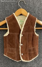 Vintage 70s Kids Brown Suede Sherpa Lined Western Snap Front Leather Vest Sz 10