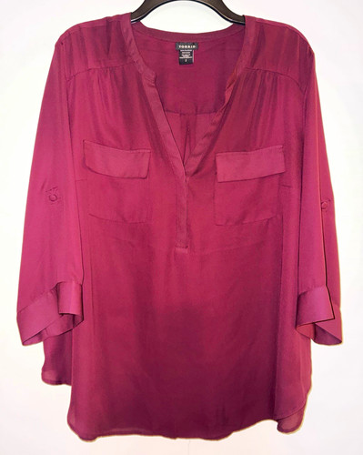 Torrid Burgandy Solid Chiffon Blouse V-Neck 3/4 Roll Tab Sleeve Pullover 2XL