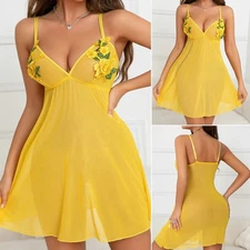 Women Lingerie Dress with Lace Embroidery Babydoll Mesh Nightgown Nighty Yellow