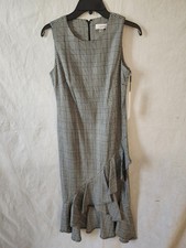 Calvin Klein Midi Sheath with Ruffle Hem Dress In Glen Check Size 12