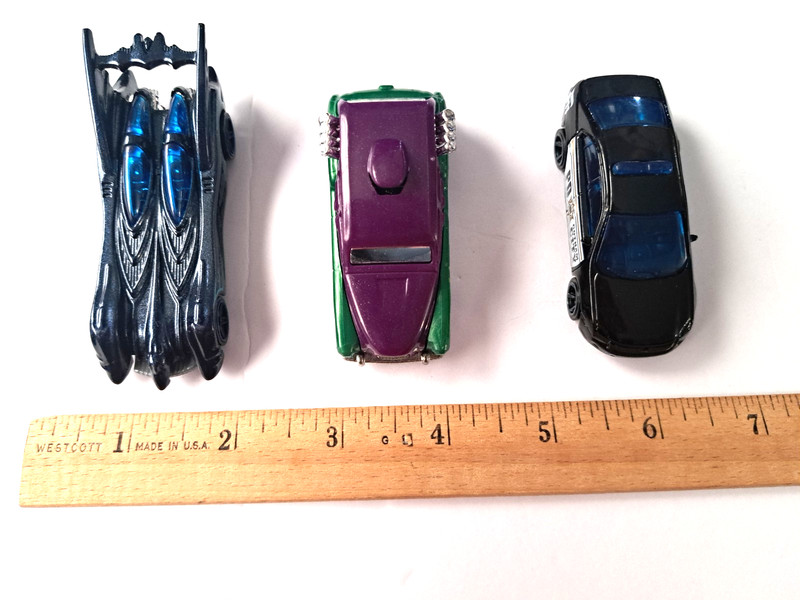 Lot of 3-Batman Themed Hot Wheels Diecast 1:64-Joker Cab/Batmobile/Police Car
