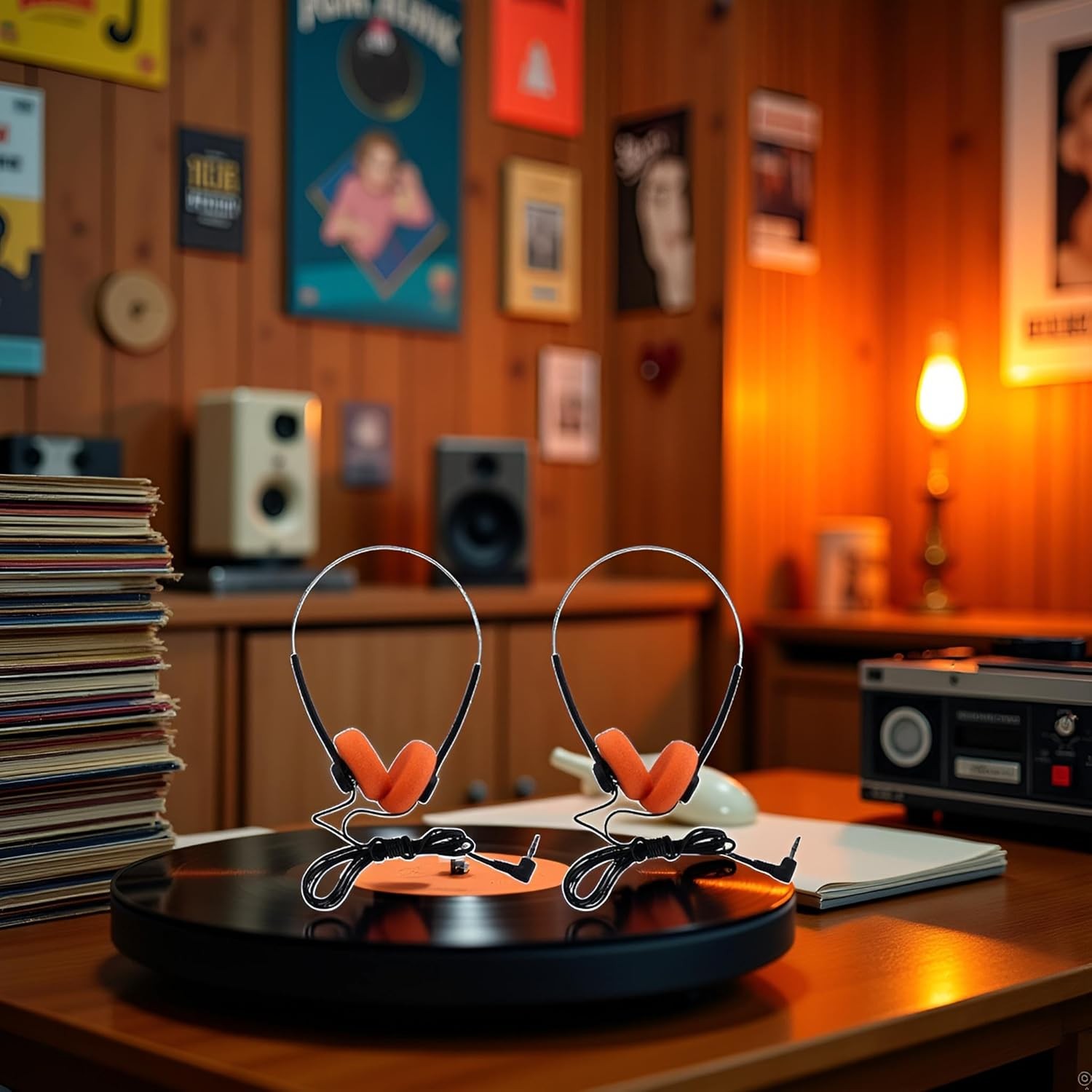 2Pcs Orange Retro On-Ear Headphones,Wired Stereo Headphones, Walkman 