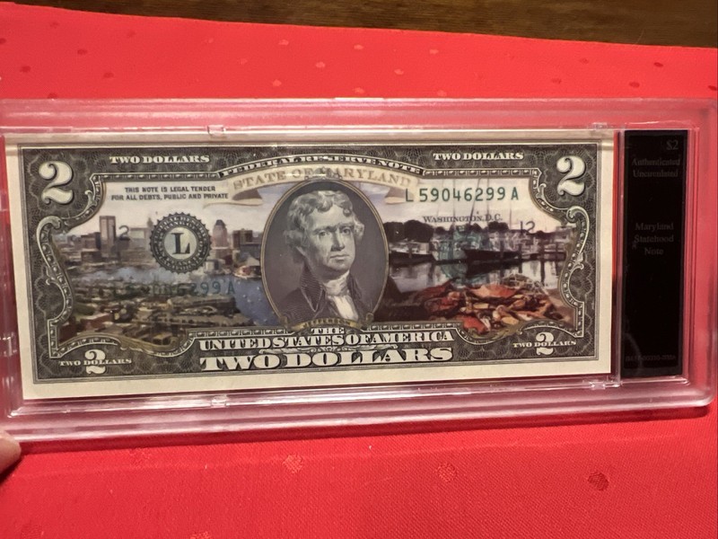 Maryland Two Dollar $2 Dollar Note Colorized from Bradford Exchange Uncirculated