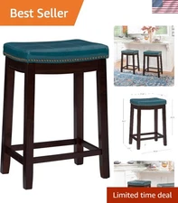 Stylish Blue Faux Leather Counter Stool - Durable Backless Design, 26.5" Height